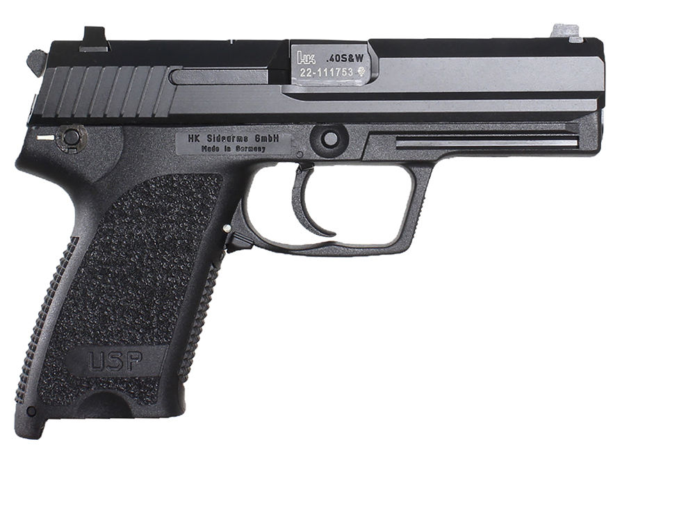 HK 81000324 USP V1 *CA Compliant SA/DA 45 ACP Caliber with 4.41" Barrel, 10+1 Capacity, Overall Black Finish, Serrated Trigger Guard Frame, Serrated Steel Slide & Polymer Grip Includes 2 Mags