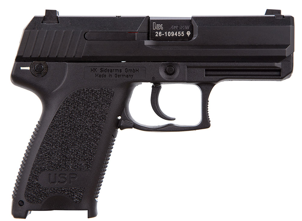 HK 81000336 USP Compact V1 40 S&W Caliber with 3.58" Barrel, 12+1 Capacity, Overall Black Finish, Serrated Trigger Guard Frame, Serrated Steel Slide & Polymer Grip Includes 2 Mags