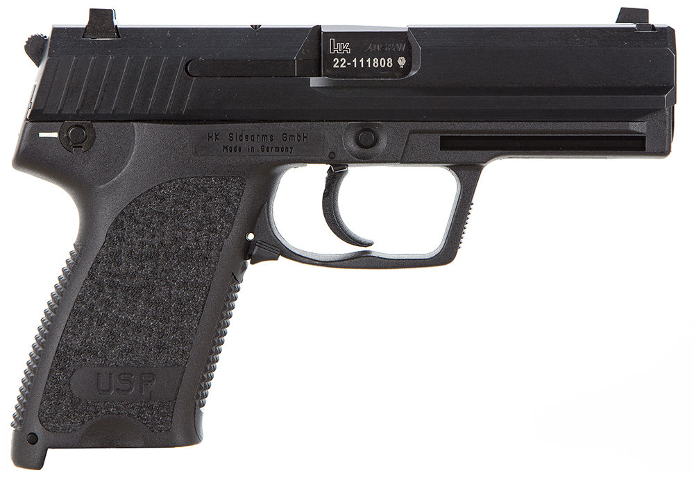 HK 81000314 USP V1 SA/DA 40 S&W Caliber with 4.25" Barrel, 13+1 Capacity, Overall Black Finish, Serrated Trigger Guard Frame, Serrated Steel Slide & Polymer Grip Includes 2 Mags