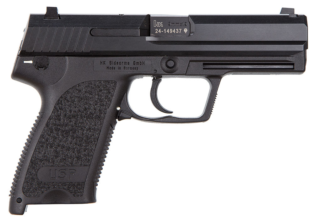 HK 81000307 USP V1 SA/DA 9mm Luger Caliber with 4.25" Barrel, 15+1 Capacity, Overall Black Finish, Serrated Trigger Guard Frame, Serrated Steel Slide & Polymer Grip Includes 2 Mags