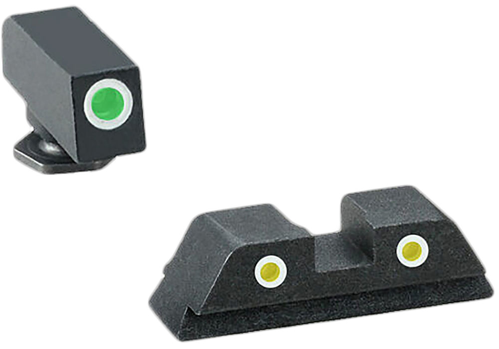 AmeriGlo GL121 Classic 3-Dot Night Sight Set Tritium Green with White Outline Front, Yellow with White Outline Rear Black Frame for Glock 20,21,29,30,31,32,36,40,41Gen1-5