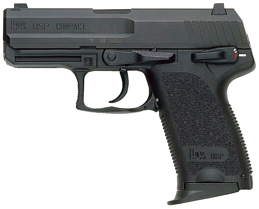 HK 81000345 USP Compact V7 LEM 45 ACP Caliber with 3.78" Barrel, 8+1 Capacity, Overall Black Finish, Serrated Trigger Guard Frame, Serrated Steel Slide & Polymer Grip Includes 2 Mags