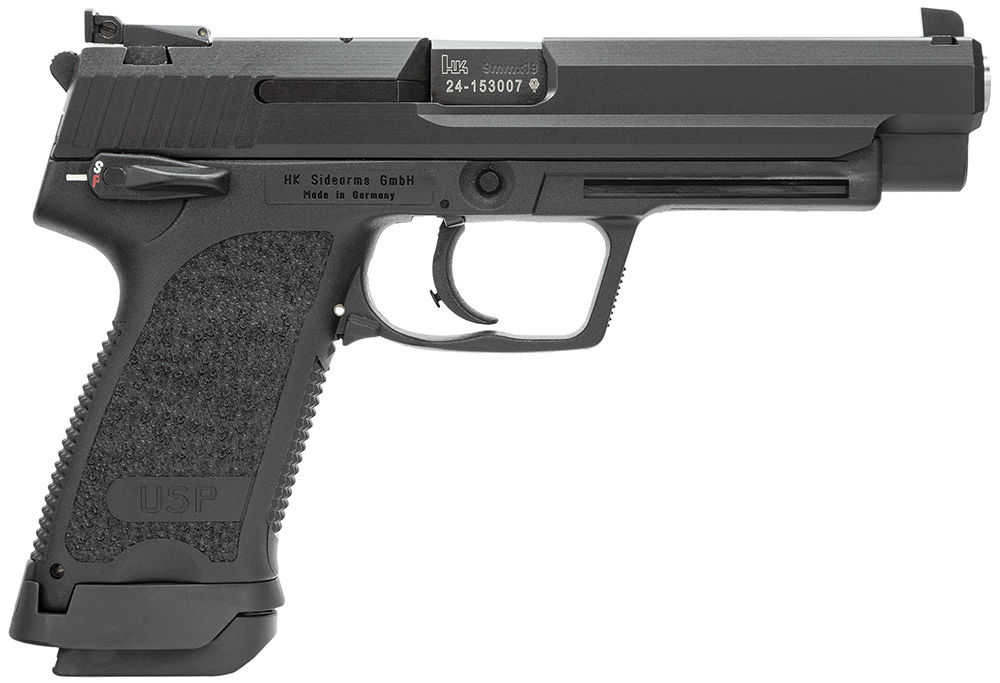 HK 81000361 USP Expert V1 9mm Luger Caliber with 4.25" Barrel, 15+1 Capacity, Overall Black Finish, Serrated Trigger Guard Frame, Serrated Steel Slide & Polymer Grip Includes 2 Mags