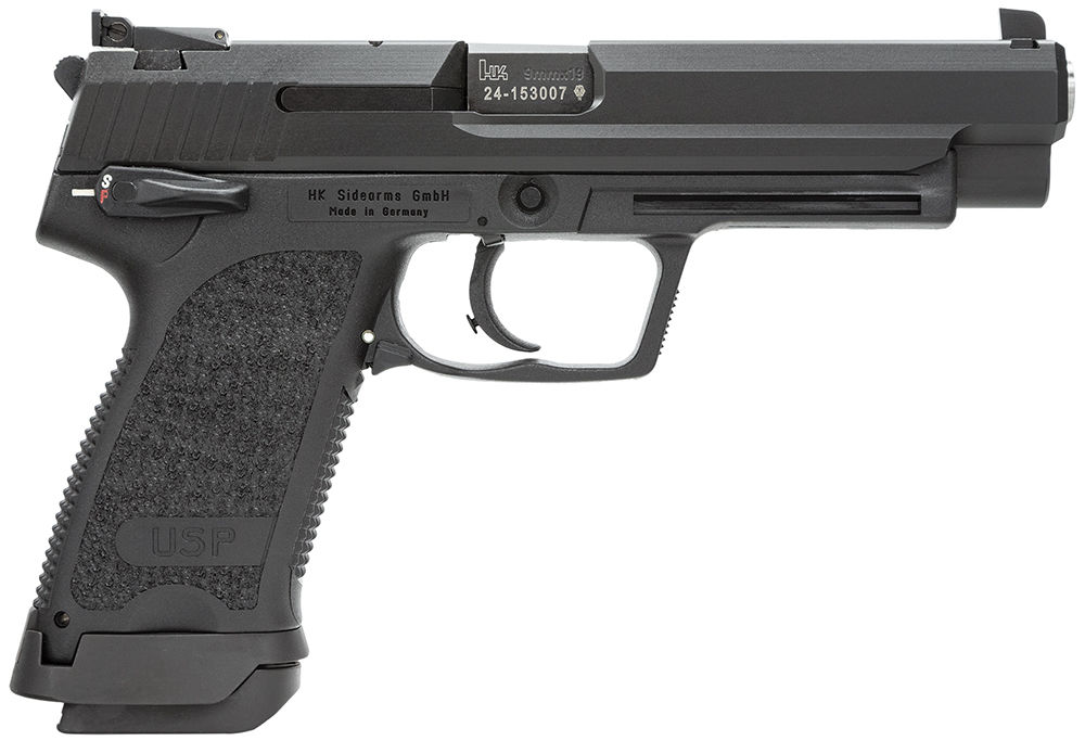 HK 81000363 USP Expert V1 9mm Luger Caliber with 4.25" Barrel, 18+1 Capacity, Overall Black Finish, Serrated Trigger Guard Frame, Serrated Steel Slide & Polymer Grip Includes 2 Mags