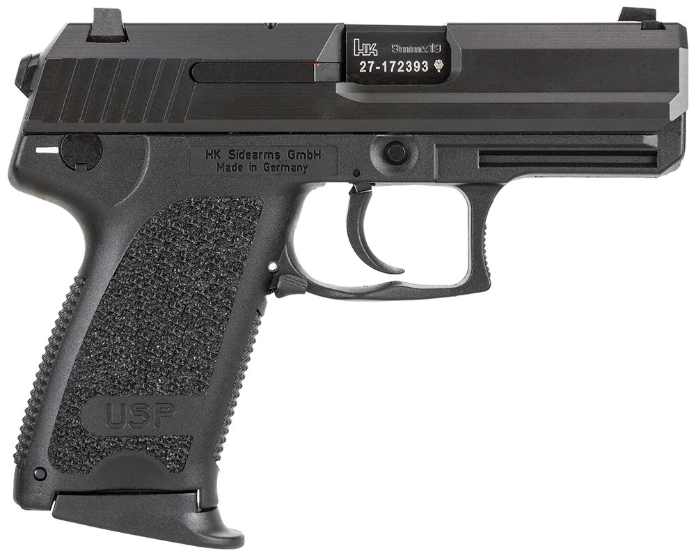 HK 81000335 USP Compact V7 LEM 9mm Luger Caliber with 3.58" Barrel, 10+1 Capacity, Overall Black Finish, Serrated Trigger Guard Frame, Serrated Steel Slide & Polymer Grip Includes 2 Mags