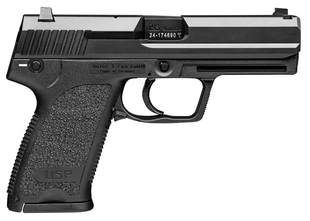 HK 81000311 USP V7 LEM 9mm Luger Caliber with 4.25" Barrel, 15+1 Capacity, Overall Black Finish, Serrated Trigger Guard Frame, Serrated Steel Slide, Polymer Grip & No Manual Safety Includes 2 Mags