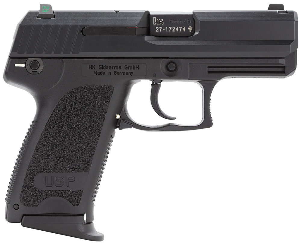 HK 81000330 USP Compact V1 9mm Luger Caliber with 3.58" Barrel, 13+1 Capacity, Overall Black Finish, Serrated Trigger Guard Frame, Serrated Steel Slide, Polymer Grip & Night Sights Includes 3 Mags