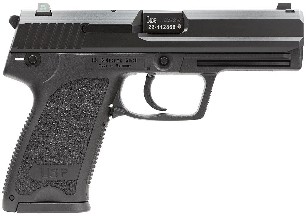 HK 81000315 USP V1 40 S&W Caliber with 4.25" Barrel, 13+1 Capacity, Overall Black Finish, Serrated Trigger Guard Frame, Serrated Steel Slide, Polymer Grip & Night Sights Includes 3 Mags