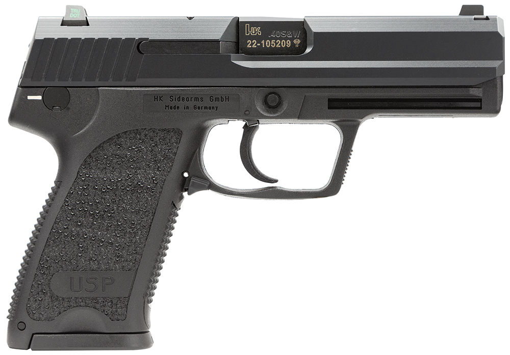 HK 81000319 USP V7 LEM 40 S&W Caliber with 4.25" Barrel, 13+1 Capacity, Overall Black Finish, Serrated Trigger Guard Frame, Serrated Steel Slide, Polymer Grip & Night Sights Includes 3 Mags