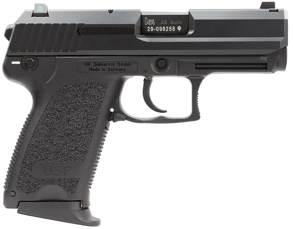 HK 81000343 USP Compact V1 45 ACP Caliber with 3.78" Barrel, 8+1 Capacity, Overall Black Finish, Serrated Trigger Guard Frame, Serrated Steel Slide, Polymer Grip & Night Sights Includes 3 Mags