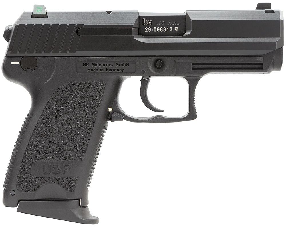 HK 81000327 USP V7 LEM 45 ACP Caliber with 4.41" Barrel, 12+1 Capacity, Overall Black Finish, Serrated Trigger Guard Frame, Serrated Steel Slide, Polymer Grip & Night Sights Includes 3 Mags