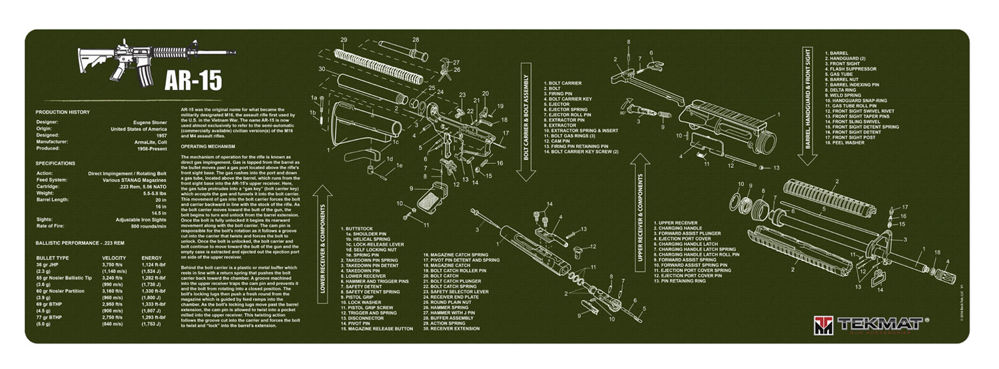 TekMat TEKR36AR15OD AR-15 Cleaning Mat OD Green Rubber 36" Long AR-15 Parts Diagram