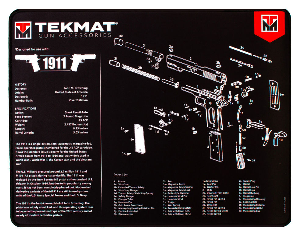 TekMat TEKR201911 1911 Ultra Cleaning Mat Black/White Rubber 20" Long 1911 Parts Diagram