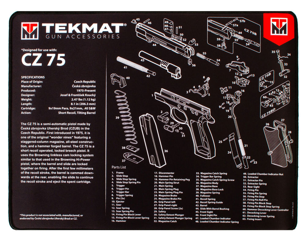 TekMat TEKR20CZ75 CZ 75 Ultra Cleaning Mat Black/White Rubber 20" Long CZ-75 Parts Diagram