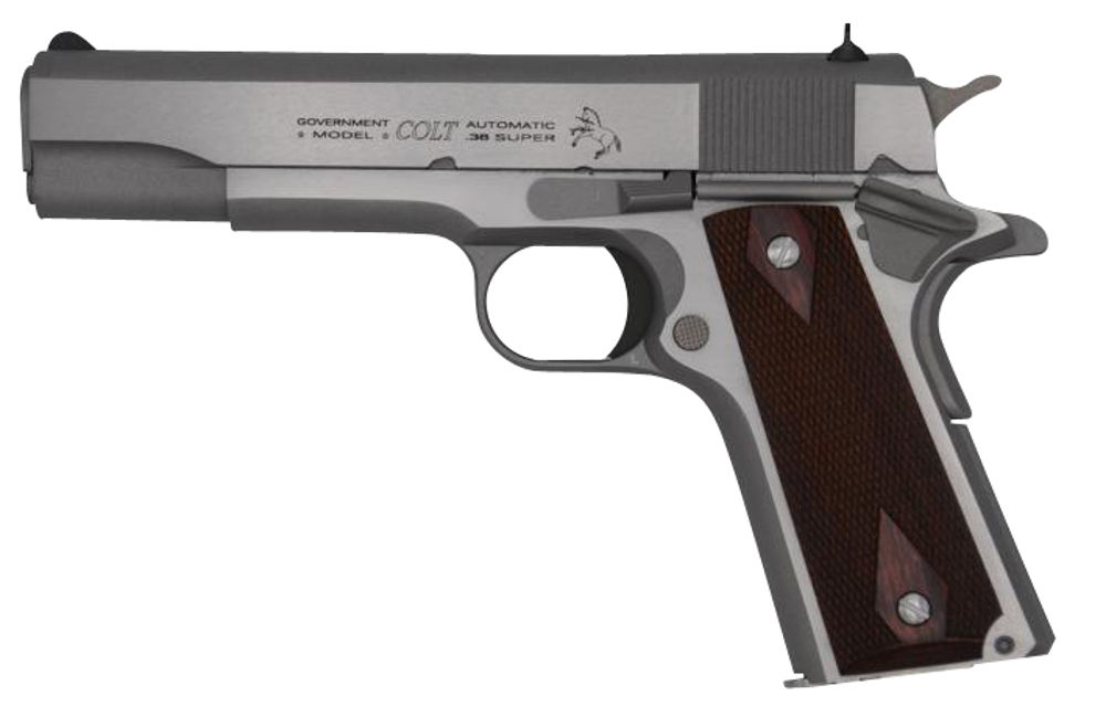Colt Mfg O1911CSS38 1911 Government 38 Super Caliber with 5" National Match Barrel, 9+1 Capacity, Overall Stainless Steel Finish, Serrated Slide, Black Rubber Grip & 70 Series Firing System