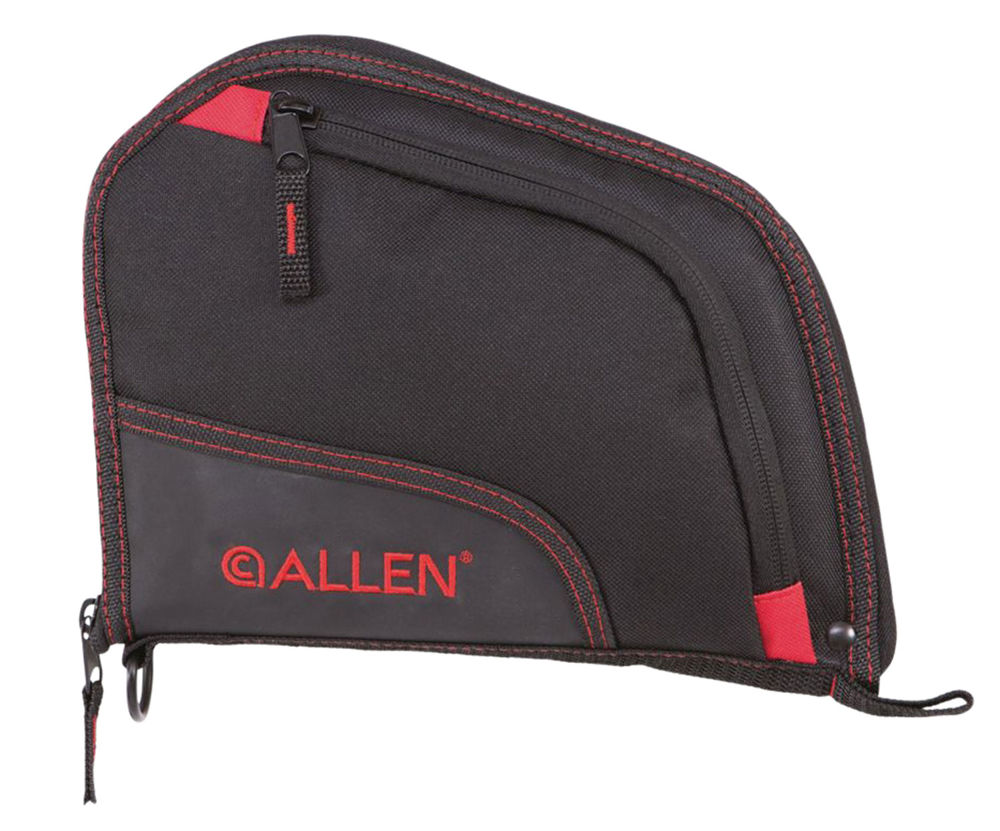 Allen 7738 Auto-Fit Handgun Case made of Endura with Black Finish & Red Trim, Foam Padding, Knit Lining, Mag Sleeve, Storage Pocket & Lockable Zipper 9" L