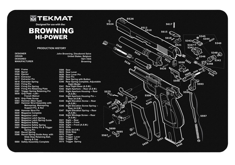 TekMat TEKR17BROWNINGHP Browning High Power Cleaning Mat Black/White Rubber 17" Long Browning Hi-Power Parts Diagram
