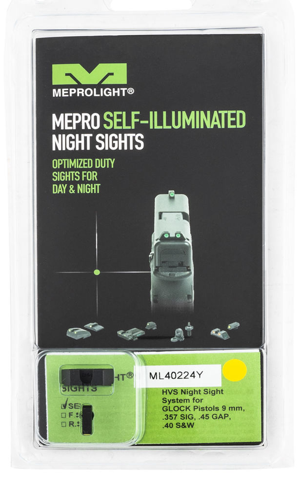 Meprolight USA 402243121 Mepro Hyper-Bright Self-Illuminated Sights Fixed Tritium Green with Yellow Outline Front, Green Rear Black Frame for Most Glock