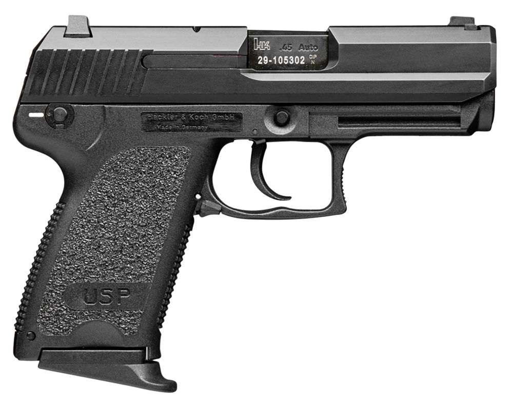 HK 81000346 USP Compact V7 LEM DAO 45 ACP Caliber with 3.78" Barrel, 8+1 Capacity, Overall Black Finish, Serrated Trigger Guard Frame, Serrated Steel Slide, Polymer Grip & Night Sights Includes 3 Mags