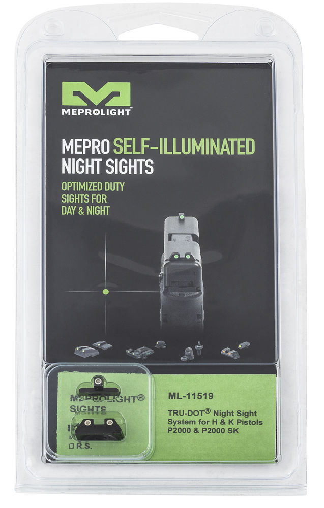 Meprolight USA 115193101 Mepro Tru-Dot Fixed Sights Self-Illuminated Green Tritium Front & Rear with Black Frame for HK P2000, P2000SK