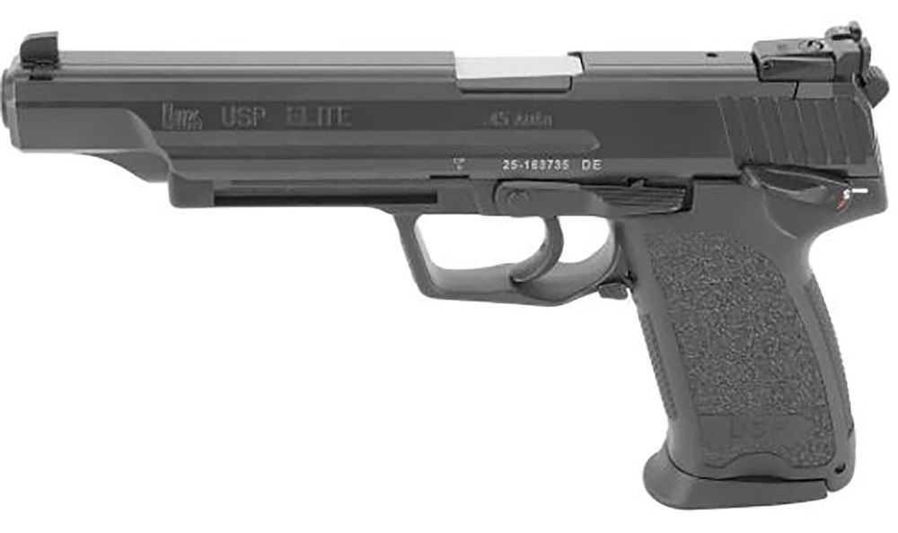 HK 81000367 USP V1 Elite SA/DA 45 ACP Caliber with 6.02" Barrel, 12+1 Capacity, Overall Black Finish, Serrated Long Steel Slide & Polymer Grip Includes 2 Mags