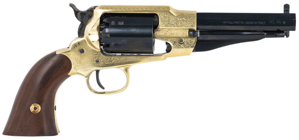 Pietta PF58BRE44512 1858 Sheriff 44 Cal 6rd 5.50" Blued Engraved Steel Walnut Grip Brass Trigger Guard & Backstrap